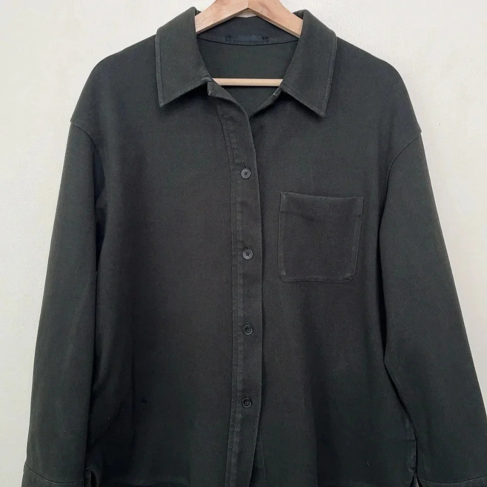 Uniqlo Womens Medium Dark Olive Brush Jersey Button Oversized Shirt - Picture 3 of 15